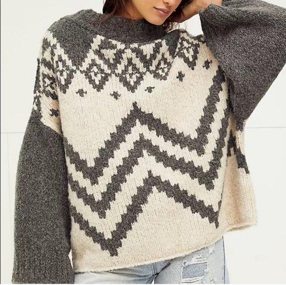 Free People Nordic Rainbow Stripe Oversized Chunky Knit Sweater Medium Boho Alpa - Picture 2 of 8